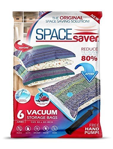 SpaceSaver Premium Reusable Vacuum Storage Bags (Jumbo 6 Pack), Save 80% More Storage Space. Double Zip Seal &amp; Leak Valve, Travel Hand Pump Included.