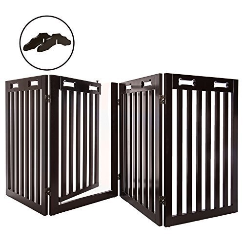 Arf Pets Free Standing Wood Dog Gate with Walk Through Door, Expands Up To 80&quot; Wide, 31.5&quot; High - BONUS Set of Foot Supporters Included