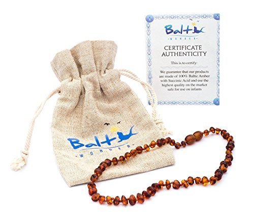 Baltic Amber Teething Necklace For Babies (Unisex) (Cognac) - Anti Flammatory, Drooling &amp; Teething Pain Reduce Properties - Natural Certificated Oval Baltic Jewelry with the Highest Quality Guaranteed