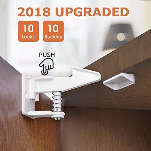 Cabinet Locks [UPGRADED] Child Safety Cabinet Latches Locks, 10 Packs, Easy to Install, No Tools or Drilling Needed, Invisible Design, with Buckles and Screws - White
