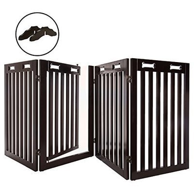 Arf Pets Free Standing Wood Dog Gate with Walk Through Door, Expands Up To 80&quot; Wide, 31.5&quot; High - BONUS Set of Foot Supporters Included