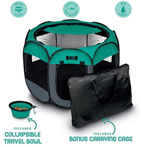 Unleashed Pets Portable Foldable Pet Playpen + Carrying Case &amp; Collapsible Travel Bowl | Indoor / Outdoor use | Water resistant | Removable shade cover | Dogs / Cats / Rabbit | Available In 2 Sizes