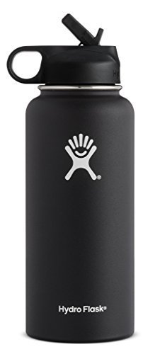 Hydro Flask Vacuum Insulated Stainless Steel Water Bottle Wide Mouth with Straw Lid (Black, 32-Ounce)