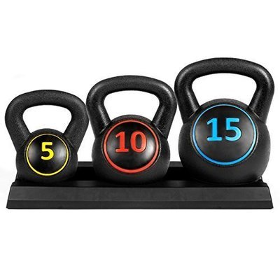 Best Choice Products 3-Piece Fitness HDPE Kettlebell Weights Set w/ Base Rack - Black