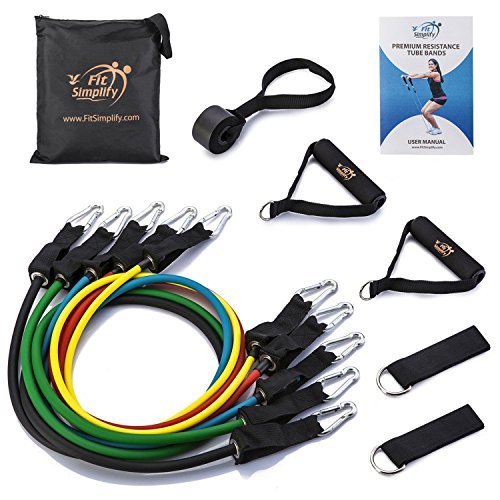 Fit Simplify Resistance Band Set 11 Pieces with Exercise Tube Bands, Door Anchor, Ankle Straps and Carry Bag - Bonus Instruction Booklet, Ebook and Online Workout Videos