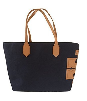 Tory Burch Canvas Stacked T East West Tote (Tory Navy)