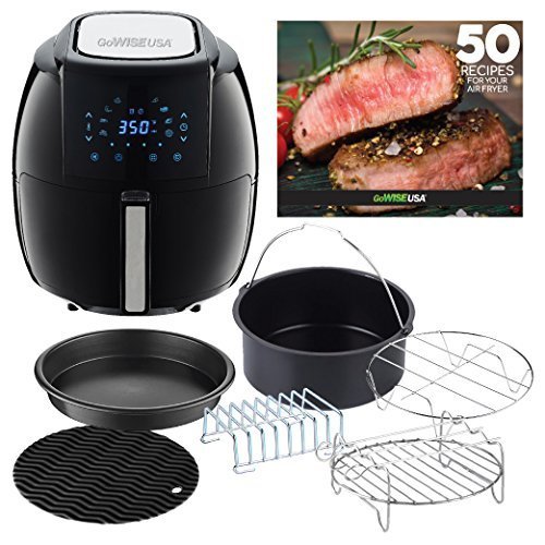 GoWISE USA 5.8-Quarts 8-in-1 Air Fryer XL with 6-PC Accessory Set + 50 Recipes for your Air Fryer Book (Black)