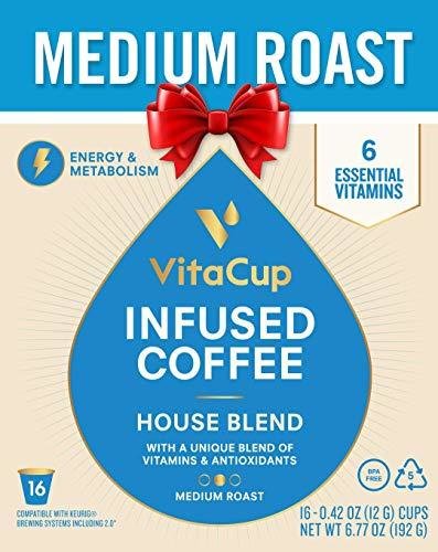 VitaCup Gourmet House Coffee K Pods 16 Ct. Infused With Essential Vitamins B12, B9, B6, B5, B1, and D3, Single Serve Keurig Compatible Top Rated Cups