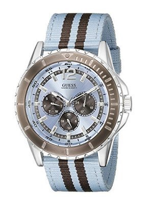 GUESS Men&#39;s U0454G4 Ice Blue &amp; Brown Canvas Multi-Function Watch with Day, Date &amp; 24 Hour Int&#39;l Time