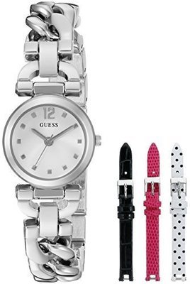 GUESS Women&#39;s U0712L1 Feminine Silver-Tone Watch Set with Metal Bracelet and 3 Interchangeable Leather Straps Inside a Bonus Travel Case