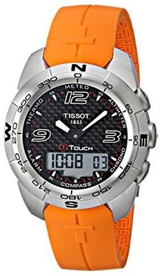 Tissot Men&#39;s T0134201720700 T-Touch Carbon Fiber Dial Stainless Steel Watch with Orange Rubber Band