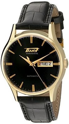Tissot Men&#39;s &#39;VisoDate&#39; Swiss Automatic Gold-Tone and Leather Dress Watch, Color:Black (Model: T0194303605101)