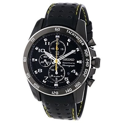 Seiko Sportura Black Dial Black Leather Band Mens Watch