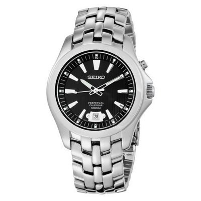 Seiko Men&#39;s SNQ101 Perpetual Calendar Solid Stainless-Steel Case and Bracelet Black Dial Watch
