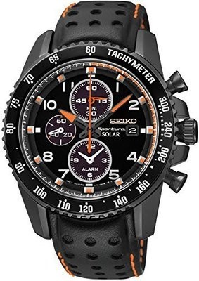 Seiko Solar Chronograph Black Dial Leather Strap Men&#39;s Watch SSC273
