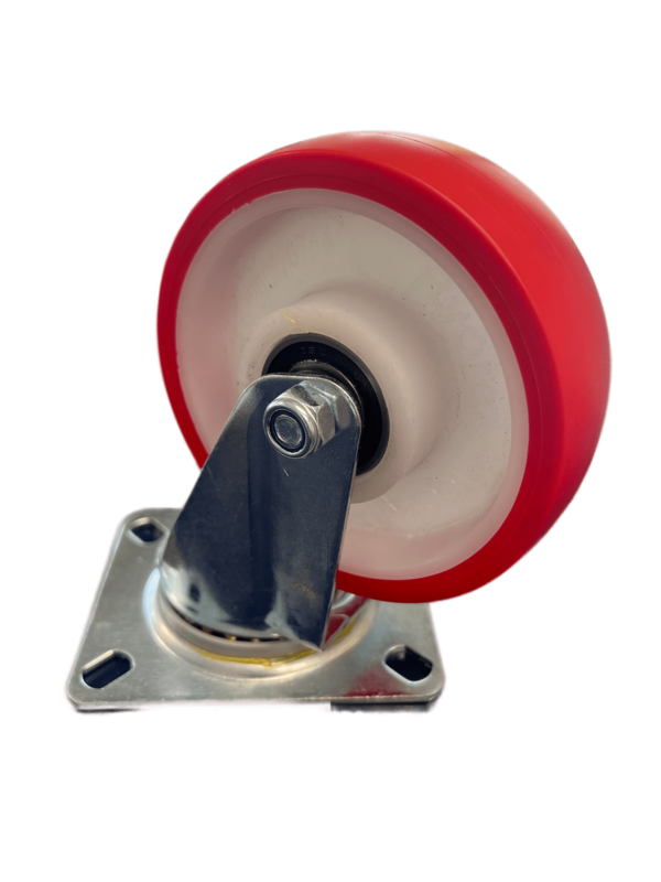 100mm Red Polyurethane Castor Wheel - Plate Fitting Red Polyurethane Swivel Castor