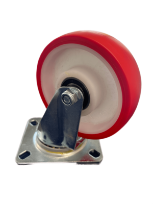 100mm Red Polyurethane Castor Wheel - Plate Fitting Red Polyurethane Swivel Castor