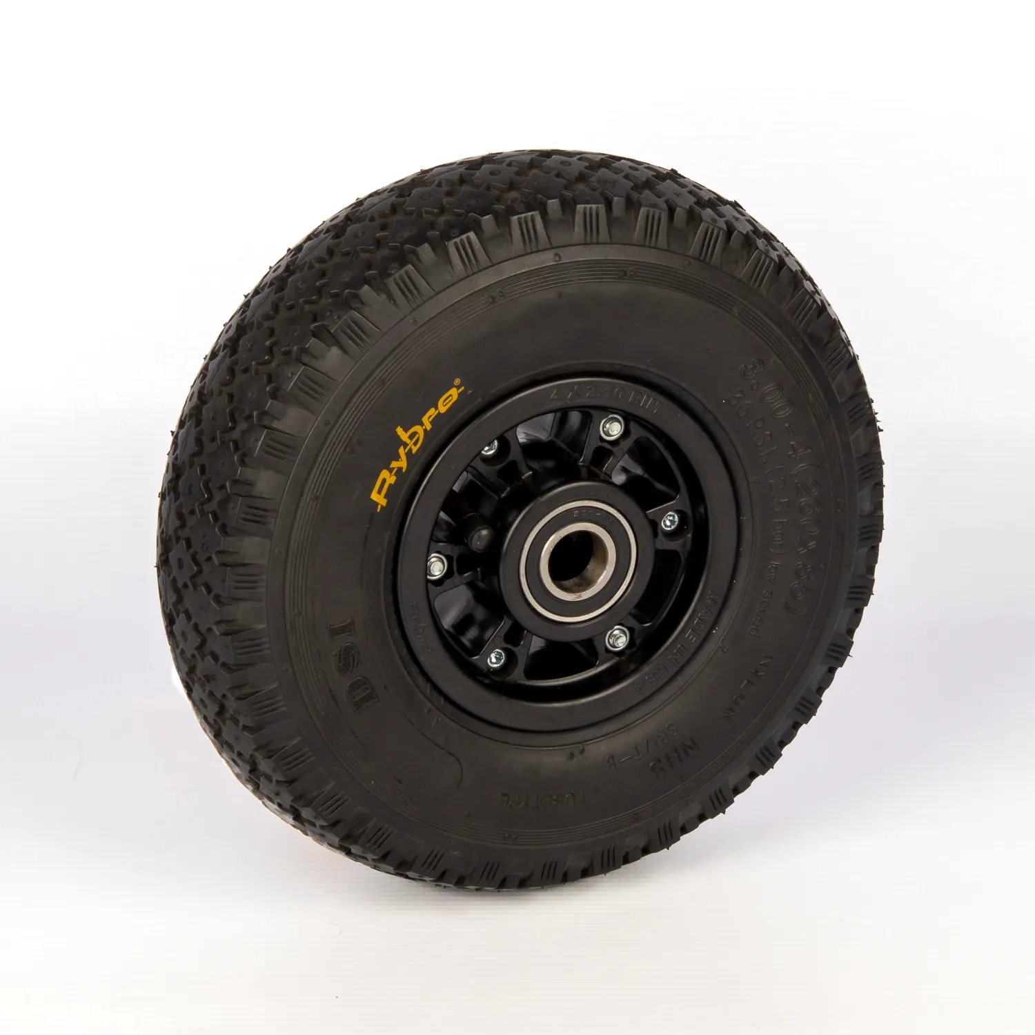 260mm pneumatic inflatable rubber wheel with ball bearings and plastic rim. Made by Rybro Castors