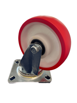 100mm Red Polyurethane Castor Wheel - Plate Fitting Red Polyurethane Swivel Castor