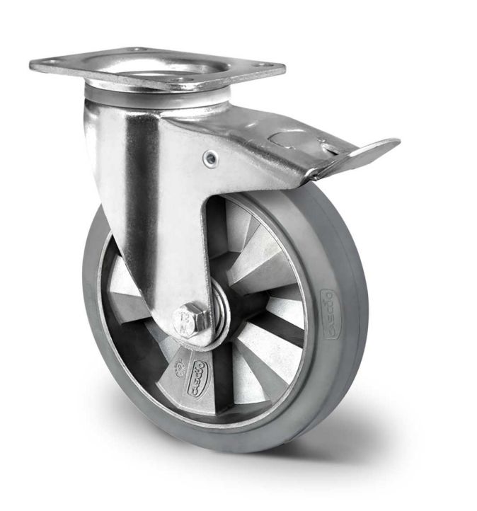 160 mm Swivel Castor with Brake – Aluminium Hub with 73 Shore A Grey Tread - 400kg Rating