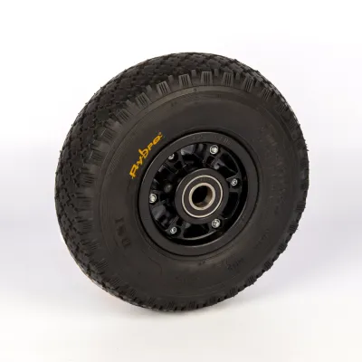260mm pneumatic inflatable rubber wheel with ball bearings and plastic rim. Made by Rybro Castors