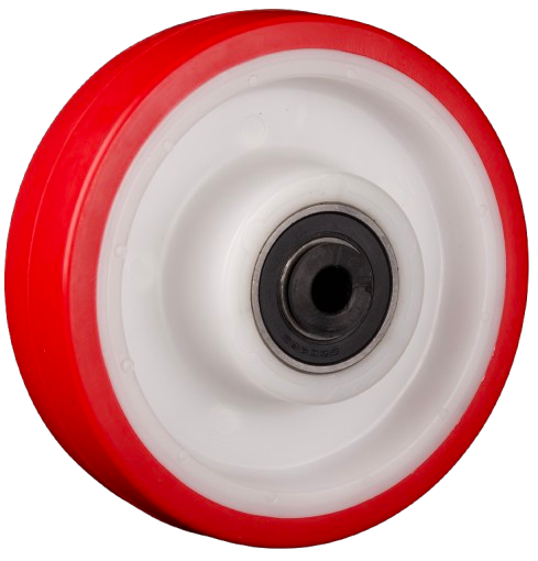 Rybro castor wheel with white hub and red polyurethane tread fitted with ball bearings and nylon bushes.