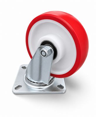 100mm Red Polyurethane Swivel Castor – Plate Mount Industrial Wheel