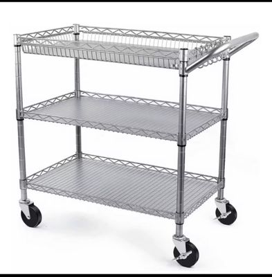 Steel Mesh 3-Shelf Picking Trolley with Push Handle