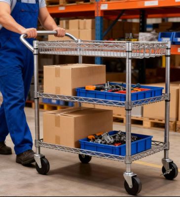 Steel Mesh 3-Shelf Picking Trolley with Push Handle