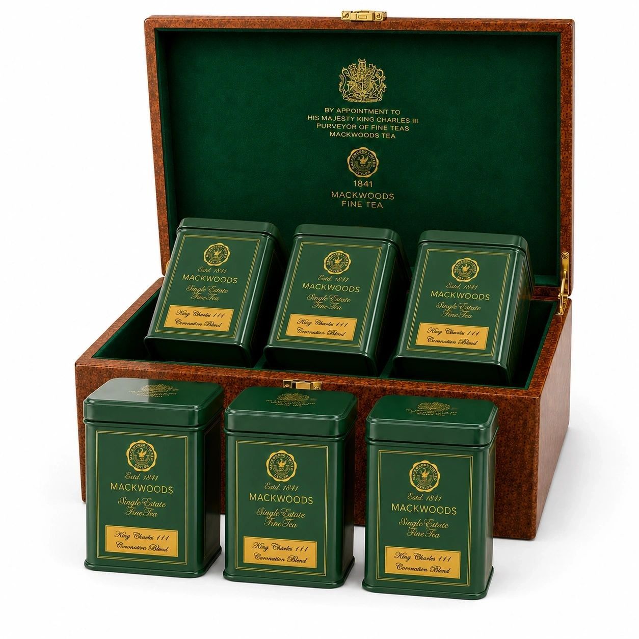 MACKWOODS 6 COMPARTMENT TEA CADDY GIFT BOX - HIS MAJESTY MACKWOODS 6 COMPARTMENT TEA CADDY GIFT BOX - HIS MAJESTY "KING CHARLES III CORONATION BLEND"
