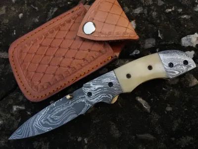 Damascus Folding Knife W/Bone Handle/Sheath (NEW)