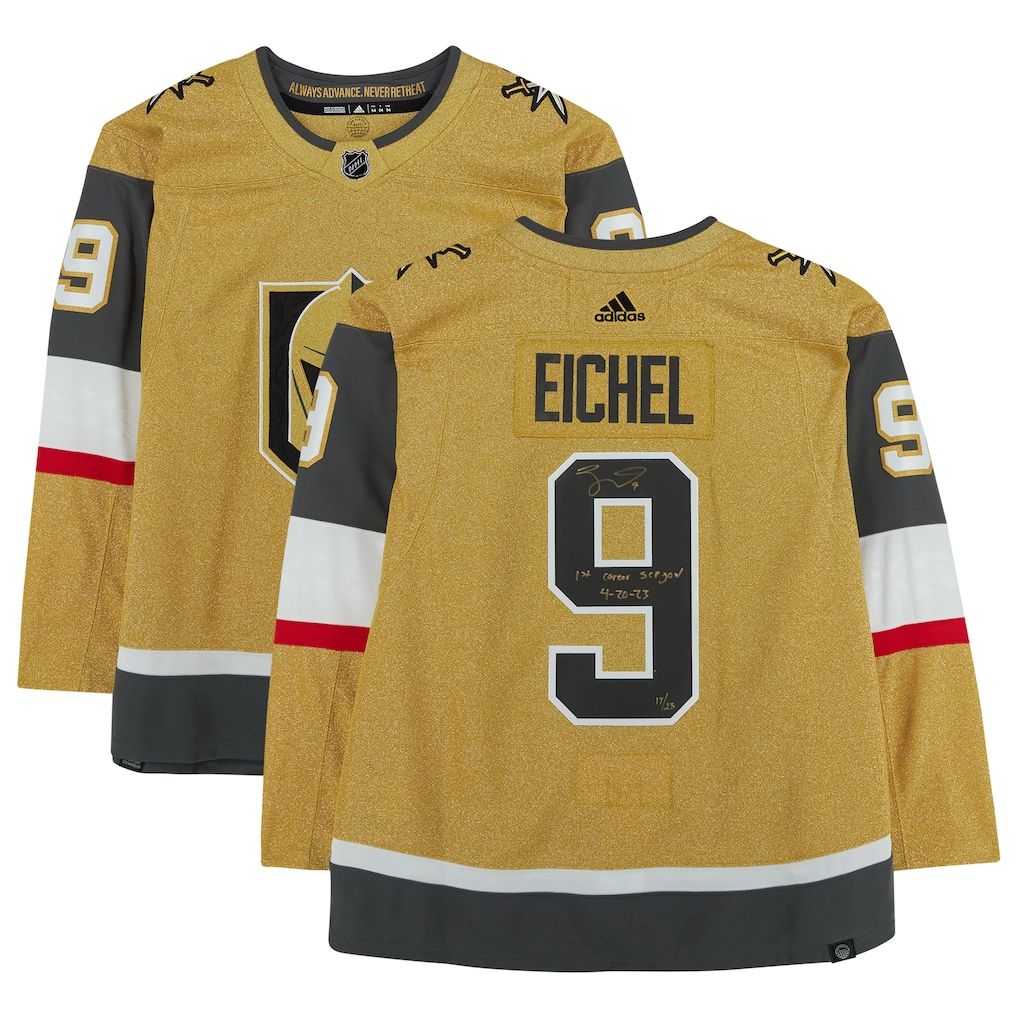 Jack Eichel Vegas Golden Knights Autographed Gold Adidas Authentic Jersey with "1st Career SCP Goal 4/20/23" Inscription - Limited Edition of 23 W/COA