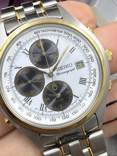 Seiko Panda Dial Chronograph Two Tone Alarm Watch W/Box (033)