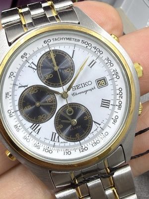 Seiko Panda Dial Chronograph Two Tone Alarm Watch W/Box (033)