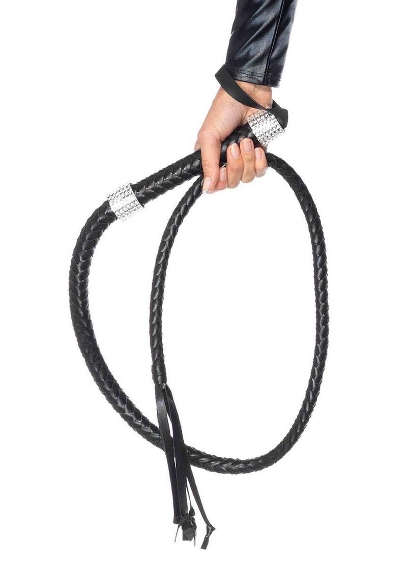 Leg Avenue Braided Whip with Rhinestone Look Handle Accent Faux Leather - 54in