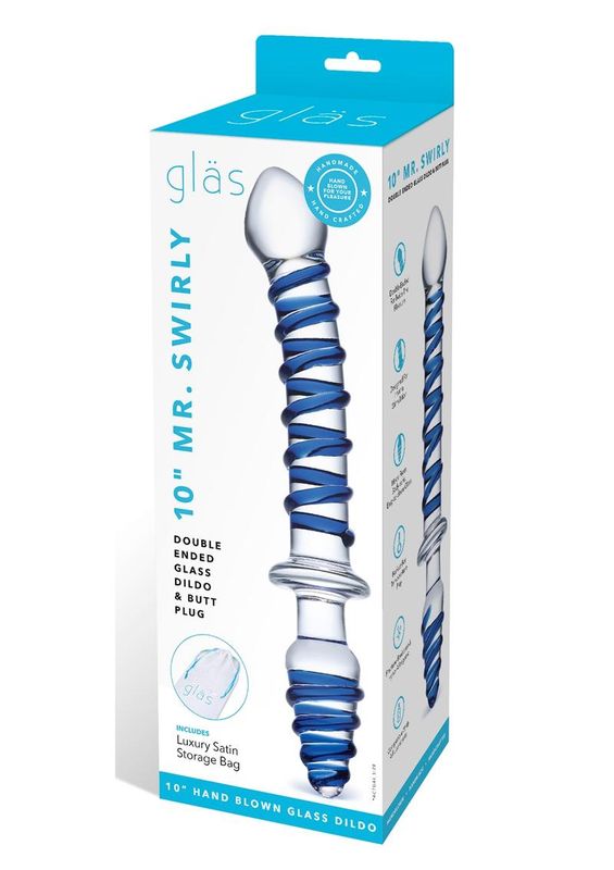 Glas Mr Swirly Double Ended Glass Dildo &amp; Butt Plug 10in - Blue/Clear
