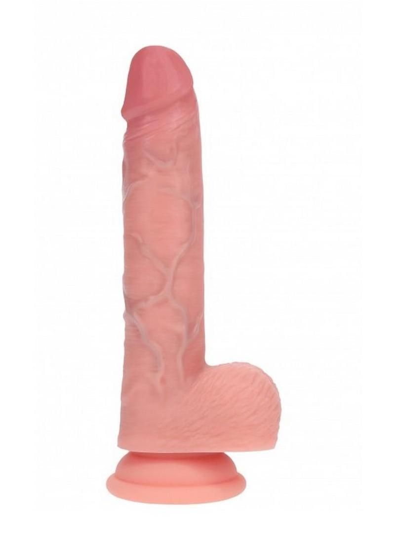 RealRock Dual Layered Silicone Realistic Vibrating Thrusting Dildo with Balls and Suction Cup 7in - Vanilla