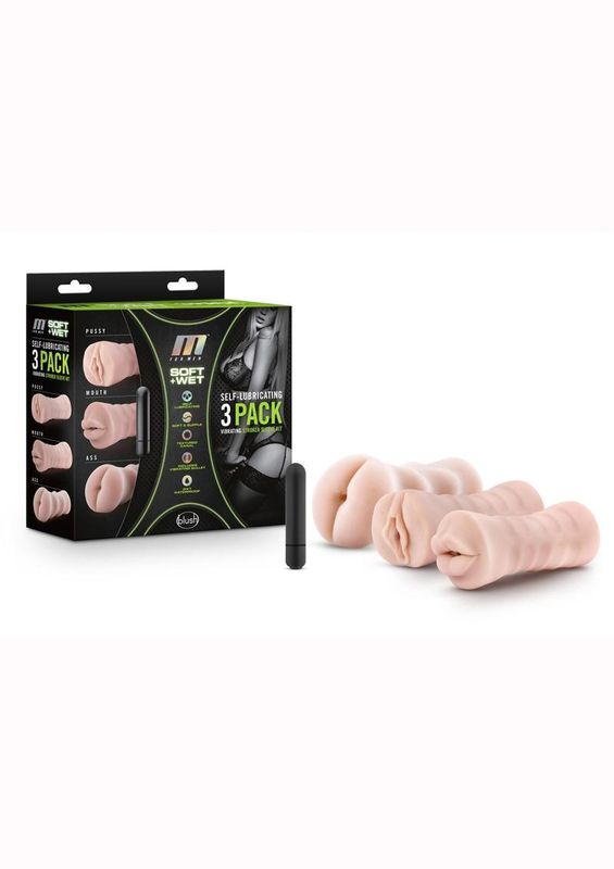 M for Men Soft &amp; Wet Self-Lubricating Vibrating Masturbator Kit (Set Of 3) - Vanilla