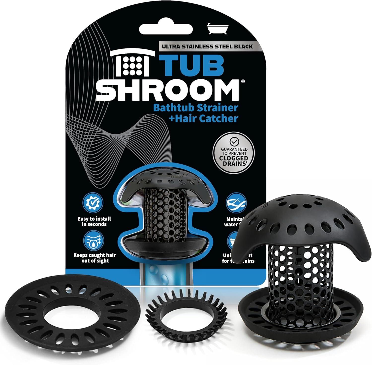 TubShroom Ultra Stainless Steel Drain Protector, Hair Catcher Strainer for Bathroom Tub and Shower, Matte Black, 1-Pack