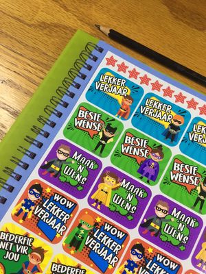 Superhero Theme 1 Birthday gift Stickers - Afrikaans Superhero Theme 1 Birthday gift Stickers - Afrikaans