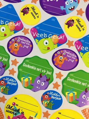 Monster Theme 1 Birthday gift Stickers - Afrikaans Monster Theme 1 Birthday gift Stickers - Afrikaans