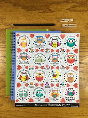Owls Theme 1 Thank you Stickers - Afrikaans