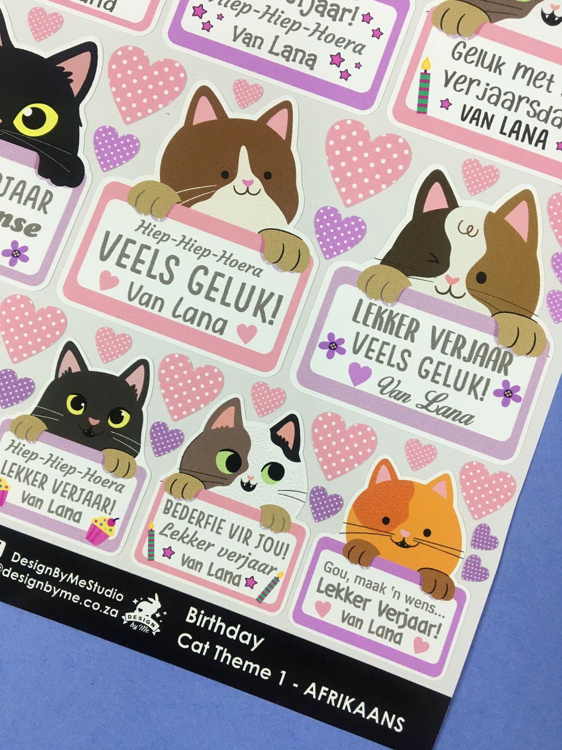 Cat Theme 1 Birthday gift Stickers - Afrikaans