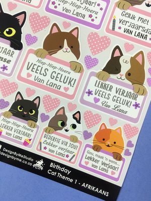 Cat Theme 1 Birthday gift Stickers - Afrikaans Cat Theme 1 Birthday gift Stickers - Afrikaans