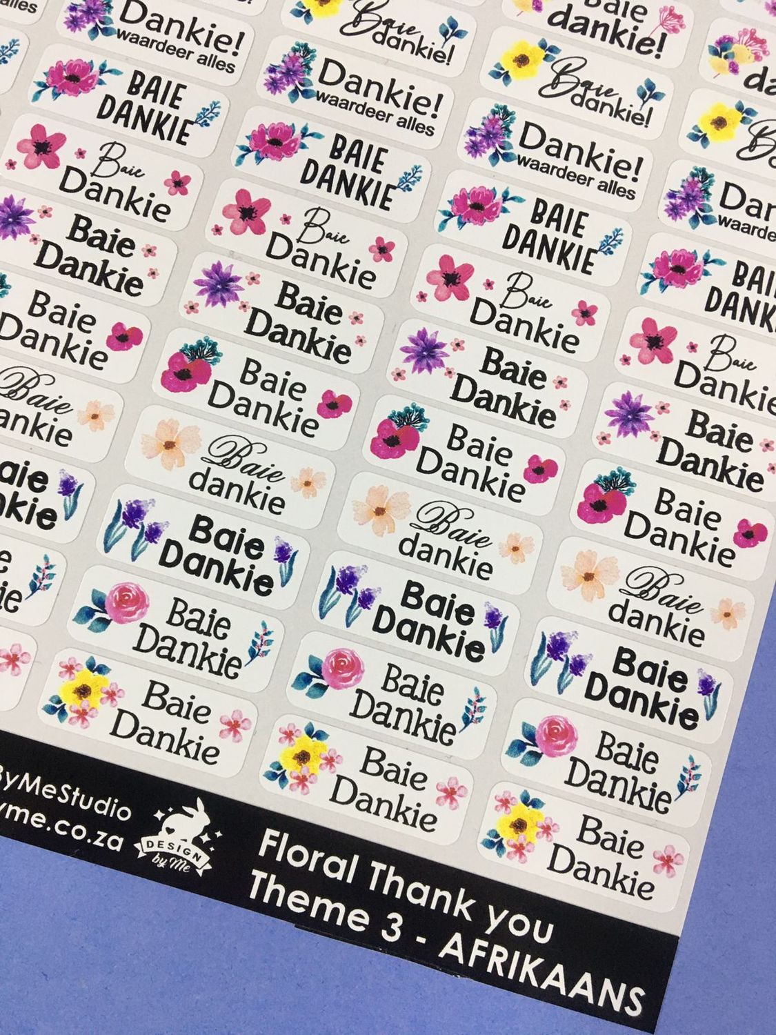 Floral flower Theme 3 Thank you Stickers - Afrikaans