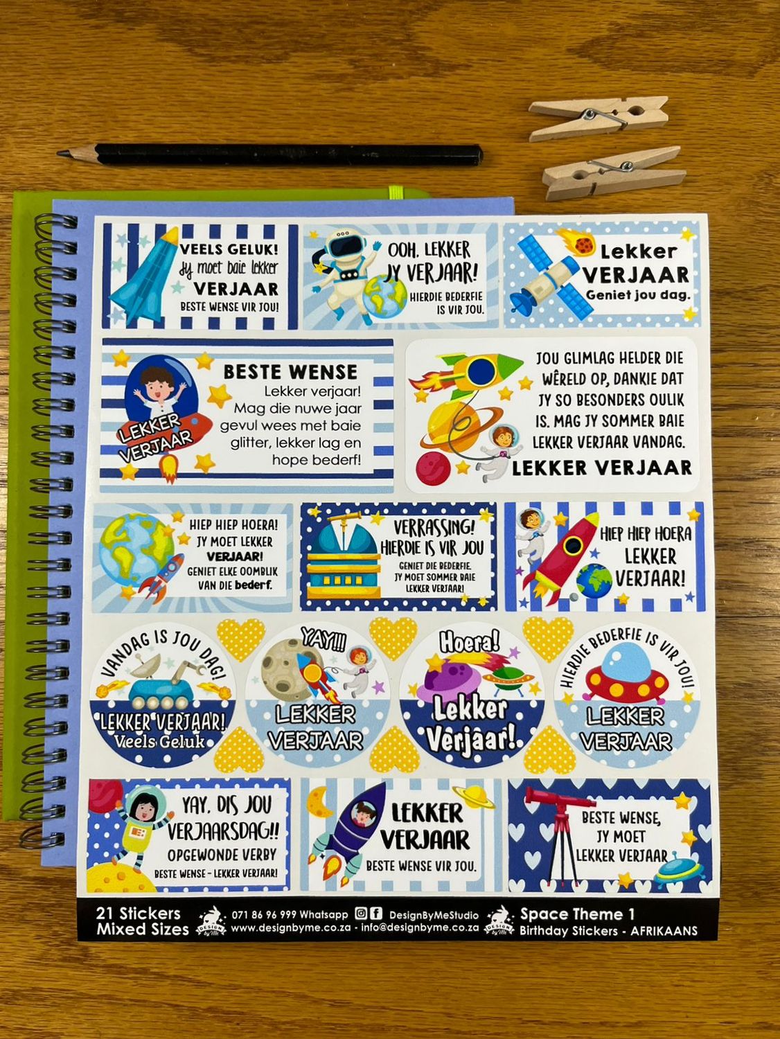 Space Theme 1 Birthday Gift Stickers Afrikaans