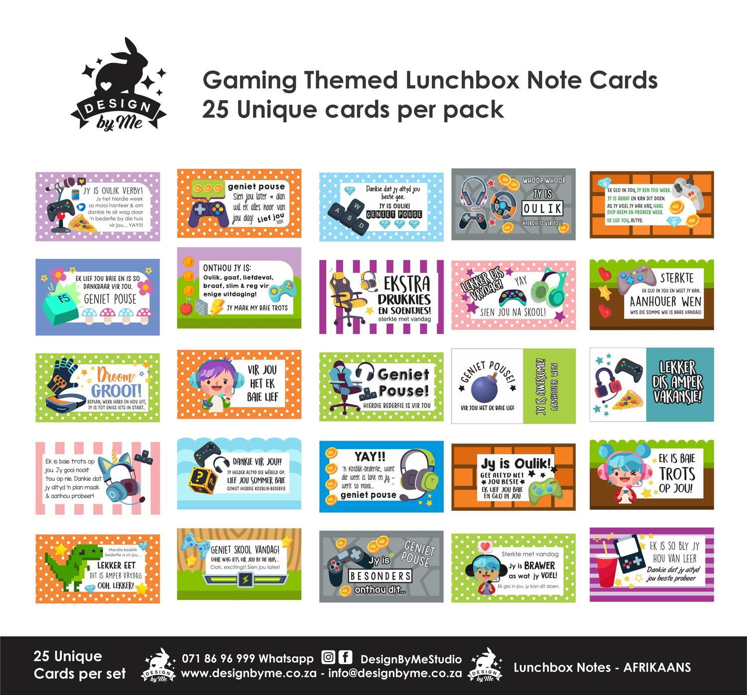 Gaming Theme 1 Afrikaans Lunchbox Note Cards