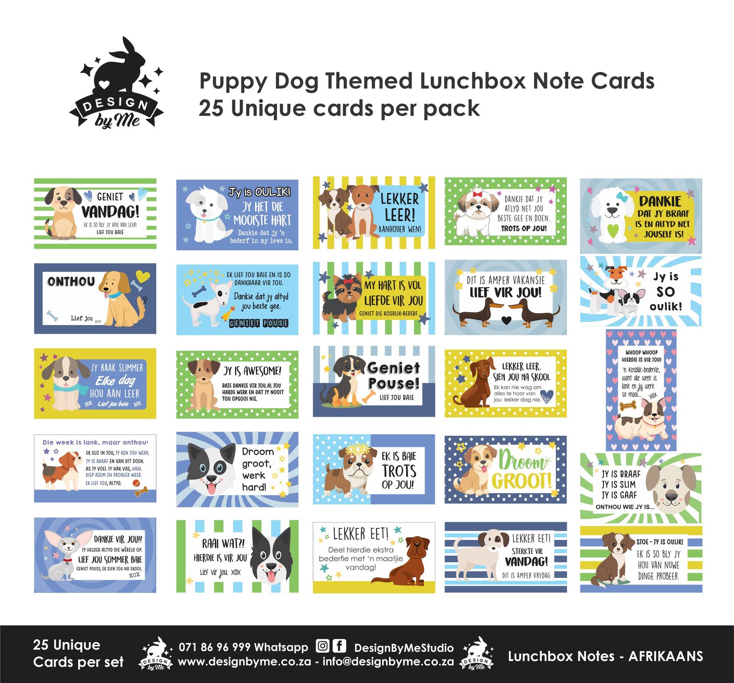 Puppy Dog Theme Afrikaans Lunchbox Note Cards