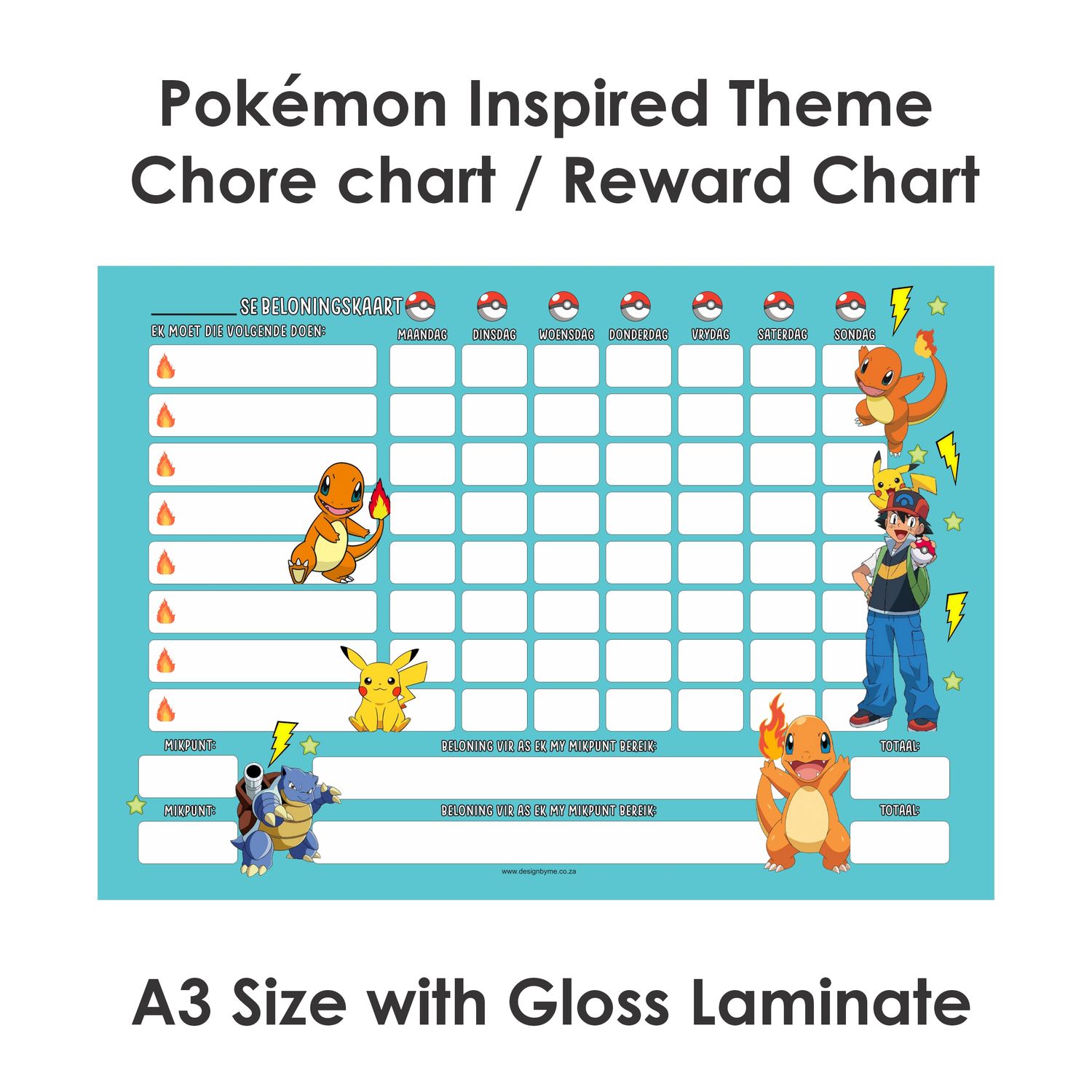 Pokémon Inspired Theme 1 Reward Chart Chore Chart Afrikaans