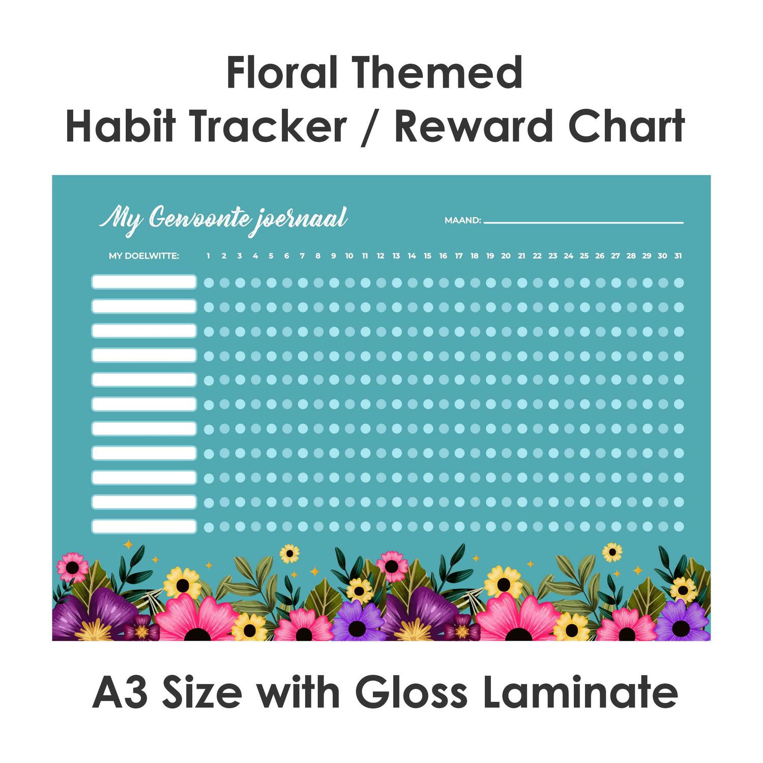 Floral flower Theme 1 Habit Tracker Reward Chart Afrikaans